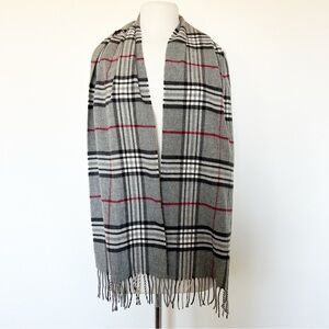 Cashmink by V. Fraas Made Germany Acrylic Plaid Check Gray Fringe Scarf Shawl